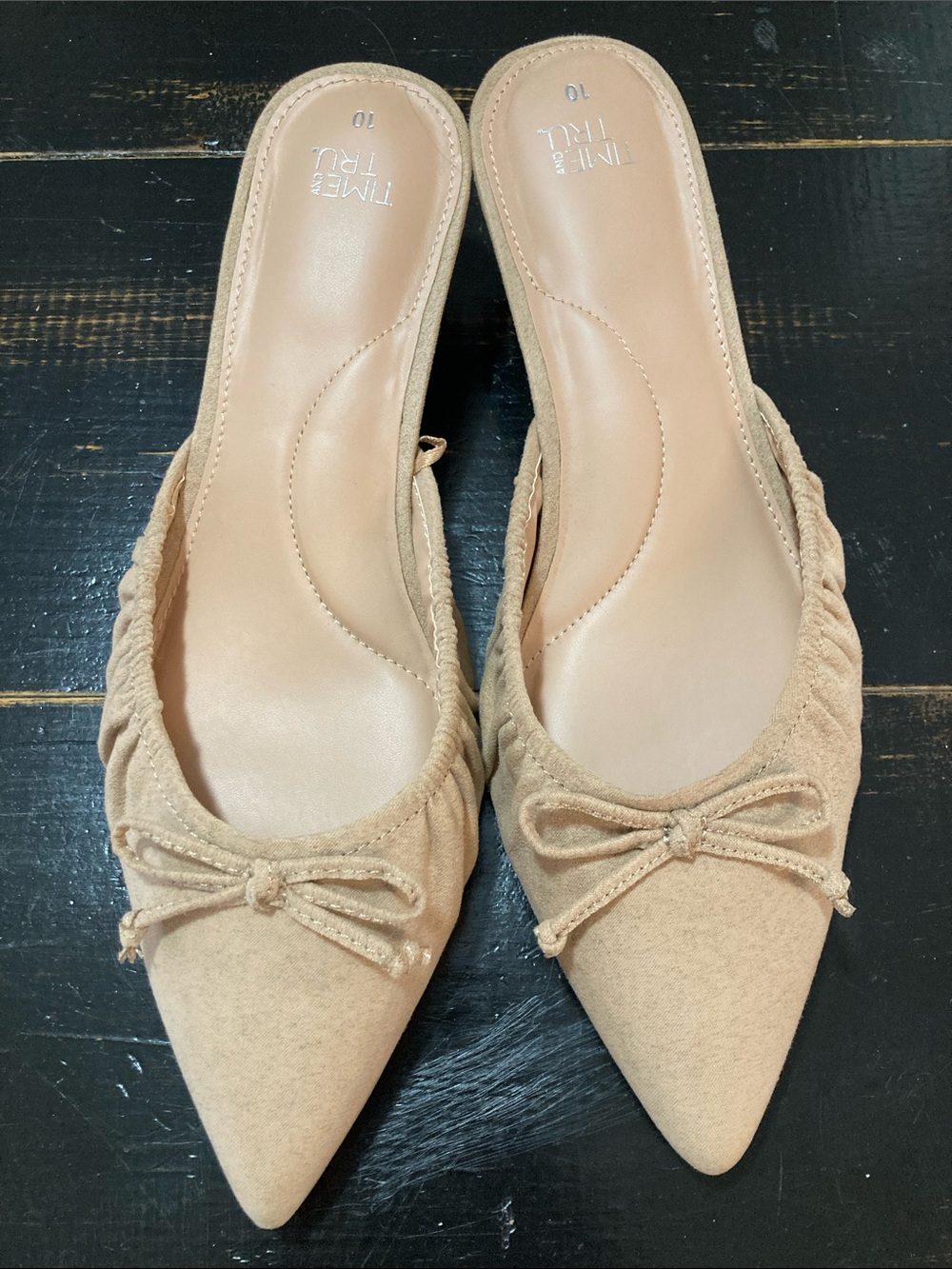 Time and Tru Tan Pointed Bow Slip-On Mules